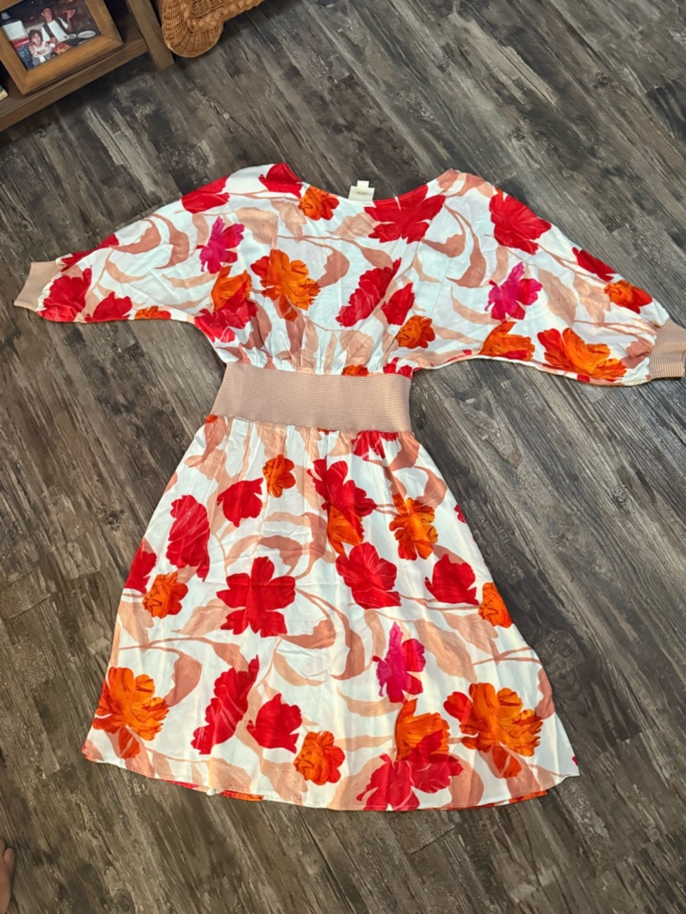 Maeve White Midi Dress with Red and Orange Floral Print